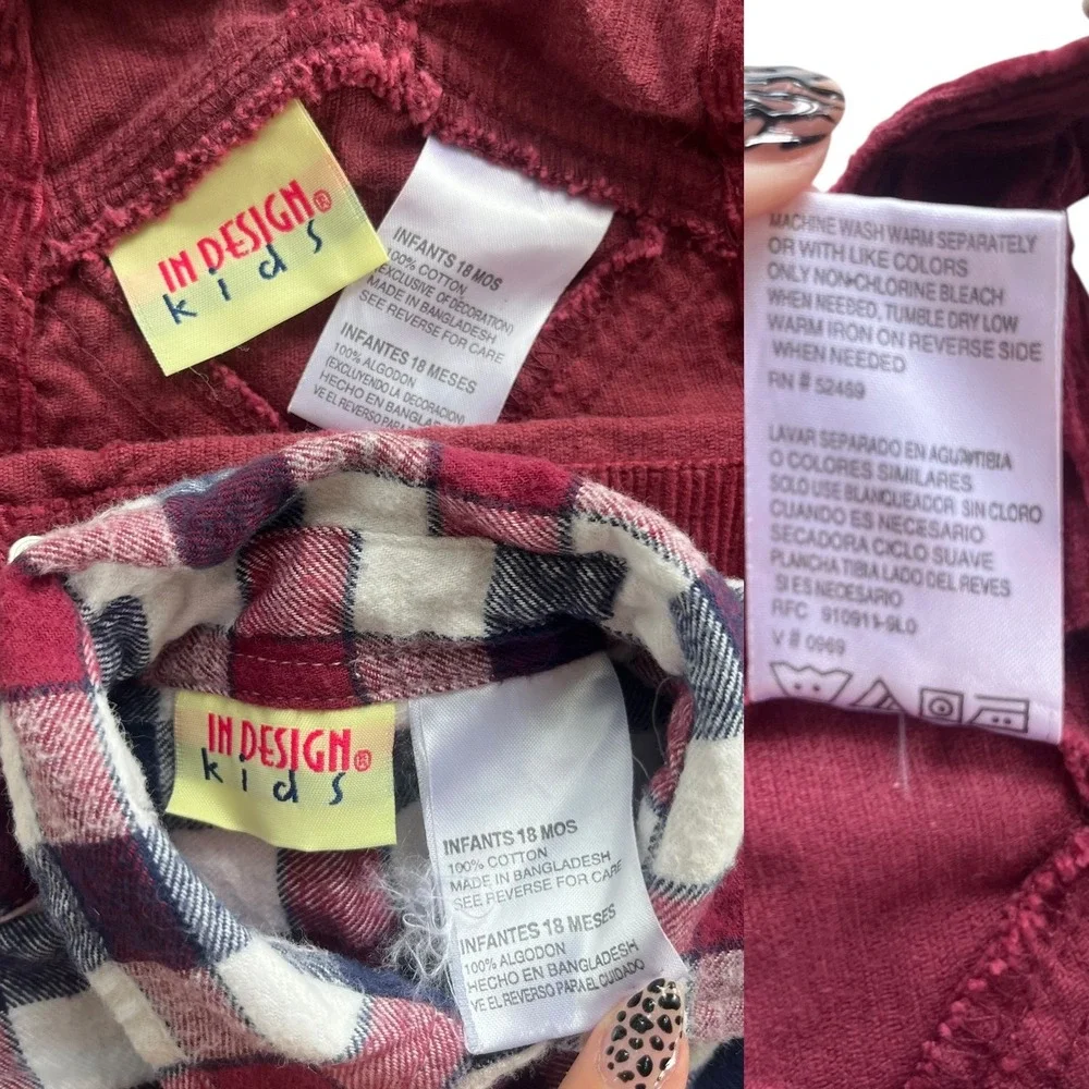 In Design Kids Vintage Sz 18 Months Burgundy Corduroy Overalls Flannel Shirt Set